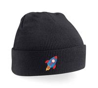 Rocket Ship Embroidered Beanie Hat for Kids | Space Theme Knit Winter Cap Navy
