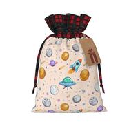 Rocket Ship & Planets Print Drawstring Bags, Candy Snack Bag, Reusable Holiday Pouches for Wrapping & Storage M