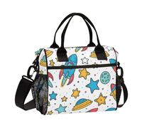 Rocket Star Planet White Lunch Bag for Women Men Reusable Insulated Lunch Box for Adult Kids Leakproof Lunchbox Cooler Tote Bag with Pockets for Office Travel Work Picnic