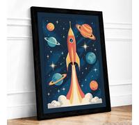 Rocket to the Stars Retro Framed Wall Art Print A1 (84.1×59.4cm) Black, Wall Decor for Living Room, Bedroom, Office & Home, Ready to Hang, Art Gift