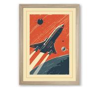 Rocket to the Stars Retro Framed Wall Art Print A1 (84.1×59.4cm) Oak, Wall Decor for Living Room, Bedroom, Office & Home, Ready to Hang, Art Gift