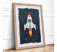 Rocket to the Stars Retro Framed Wall Art Print A3 (42×29.7cm) Oak, Wall Decor for Living Room, Bedroom, Office & Home, Ready to Hang, Art Gift