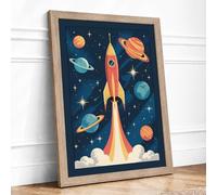 Rocket to the Stars Retro Framed Wall Art Print A3 (42×29.7cm) Oak, Wall Decor for Living Room, Bedroom, Office & Home, Ready to Hang, Art Gift