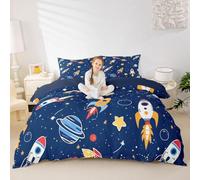 Rockets Print Kids Duvet Cover Set Cot Size,Spacecraft Planets Stars Galaxy Bedding Set,Boys Girls Room Decor,Universe Spaceship Quilt Cover,Pink White,No Comforter
