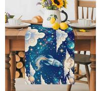 Rockets Universe Table Runner 13x72 Inches Long Stars Moon Earth Planets Cloud Dream Sky Cotton Linen Table Runner Burlap Style for Dinner Table Party Decor Tabletop Decorations