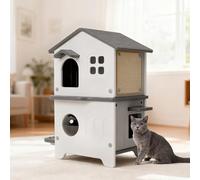 Rockever Outdoor Cat House, 2 Story Waterproof Cat House for Outdoor Cats with Escape Door, Elevated Feral Cat House Outdoor Indoor, Sturdy Stainless Steel Bowl & Scratching Post, Clean Easily(Grey)