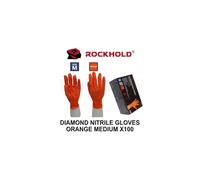 ROCKHOLD Medium Nitrile Diamond Grip Gloves - Heavy Duty, Oil/Chem Resistant, Ambidextrous, Disposable Latex/Powder Free, Orange, 100 Pack (90012)
