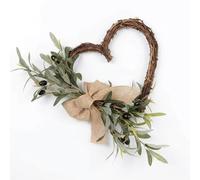 rockible Olive Wreath Artificial Olive Leaf Heart Wreath Twig Farmhouse Burlap Ribbon Hanging Suitable for Seasonal Display Housewarming Living Room, 50cm