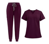rockible Women Uniform Scrubs Set Comfortable Top and Joggers Pant for Beauty Salon SPA, Dark Red, L