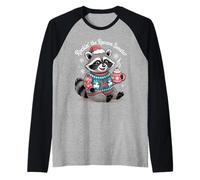 Rockin Christmas Raccoon in Festive Sweater and Cocoa Raglan Baseball Tee