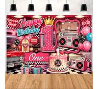 Rockin One 1st Birthday Backdrop 50s Retro Rock Roll Diner Decor Pink Checkered Classic Car Boombox Jukebox Photo Background Baby Girl First Birthday Cake Smash Photography Banner (C, 7X5FT)
