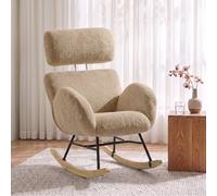 HOMCOM Upholstered Rocking Chair Adjustable Headrest Rocker Chair Raindrop Velvet Rubberwood Base Light Brown