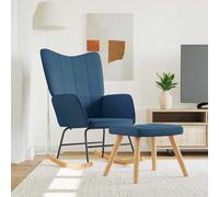 Rocking Chair with Stool, Blue Fabric, Recliner Chair with Cushion and Armrest, Wooden Swing Skids, Ergonomic Swing Chair for Living Room, Bedroom and Reading Corner, Scandinavian