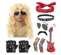 Rocking Costume Set - 10pcs Costume Kit, 80s Party Accessories | Punk Wig Beard Sunglasses Sunband Fake Guitar Gloves And Sleeves With Dress Style