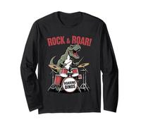 Rocking T-Rex Playing Drums Roaring Dino Band Rock and Roll Long Sleeve T-Shirt