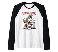 Rocking T-Rex Playing Drums Roaring Dino Band Rock and Roll Raglan Baseball Tee