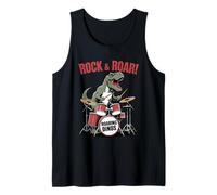 Rocking T-Rex Playing Drums Roaring Dino Band Rock and Roll Tank Top