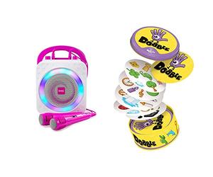RockJam 10-Watt Rechargeable Bluetooth Karaoke Machine with Two Microphones, Voice Changing Effects & LED Lights - Pink & Asmodee | Dobble | Card Game | Ages 6+ | 2-8 Players | 15 Minutes Playing Time