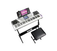 RockJam 61 Key Keyboard Piano Kit with Digital Piano Bench, Electric Stand, Headphones Note Stickers Simply Lessons, Grey