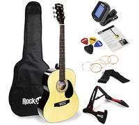 RockJam Acoustic Guitar Superkit Includes Stand, Gig Bag, Tuner, Picks, Plectrum Holder, Spare Strings & Online Lessons 6 Pack, Right, Natural, Full (RJW-101-N-PK)