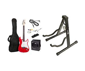 RockJam Full Size Electric Guitar Kit with 10-Watt Guitar Amp - Red & RJGS01 Universal Portable A-frame Guitar Stand for Acoustic Guitar, Electric Guitar & Bass Guitar, Black, 11.0 in*1.9 in*13.7 in