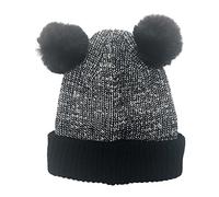 Rockjock Kids Winter Warm Beanie Hat Thick Double Soft Pom Pom Bobble Hat with Faux Fur for Girls Soft & Stretchable Thermal Winter Hat (Black/White)