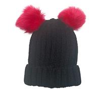Rockjock Kids Winter Warm Beanie Hat Thick Double Soft Pom Pom Bobble Hat with Faux Fur for Girls Soft & Stretchable Thermal Winter Hat (Black/Pink)