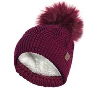 RockJock Ladies Warm Chunky Diamond Cable Knit Hat with Thermal Teddy Fleece Lining and Detachable Faux Fur Pompom-Burgundy