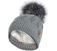 RockJock Ladies Warm Chunky Diamond Cable Knit Hat with Thermal Teddy Fleece Lining and Detachable Faux Fur Pompom-Grey