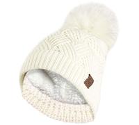 RockJock Ladies Warm Chunky Diamond Cable Knit Hat with Thermal Teddy Fleece Lining and Detachable Faux Fur Pompom-Cream