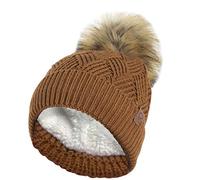 RockJock Ladies Warm Chunky Diamond Cable Knit Hat with Thermal Teddy Fleece Lining and Detachable Faux Fur Pompom-Chestnut