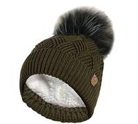 RockJock Ladies Warm Chunky Diamond Cable Knit Hat with Thermal Teddy Fleece Lining and Detachable Faux Fur Pompom-Olive