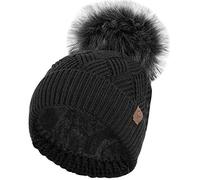 RockJock Ladies Warm Chunky Diamond Cable Knit Hat with Thermal Teddy Fleece Lining and Detachable Faux Fur Pompom-Black