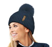 RockJock Ladies Warm Chunky Trellis Cable Knit Textured Hat with Soft R80 Teddy Fur Fleece Lining and Large Detachable Faux Fur Pompom-Navy