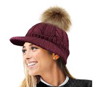 RockJock Ladies Warm Fleece Lined Knitted Peaked Beanie Baseball Cap with Detachable Faux Fur Pompom- wear with or Without