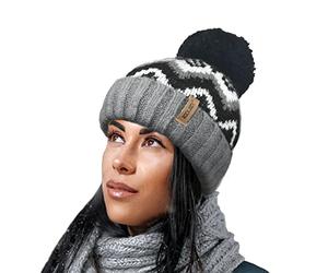 RockJock Ladies Warm Fur Fleece Lined Chevron Pattern Beanie Bobble Pompom hat-Black