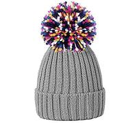 RockJock Ladies Womens Girls Rib Knit Plain Statement Winter Beanie Bobble Hat with Large Multi-Coloured Pom Pom-Grey
