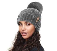 RockJock R80 Ladies Ultra Soft Velvet Chenille Rib Hat with Insulating Warm Teddy Fleece Liner Detachable Faux Fur Pompom-Grey