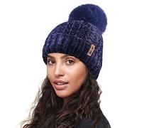 RockJock R80 Ladies Ultra Soft Velvet Chenille Rib Hat with Insulating Warm Teddy Fleece Liner Detachable Faux Fur Pompom-Navy