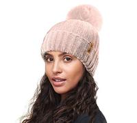 RockJock R80 Ladies Ultra Soft Velvet Chenille Rib Hat with Insulating Warm Teddy Fleece Liner Detachable Faux Fur Pompom-Nude