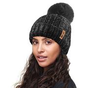 RockJock R80 Ladies Ultra Soft Velvet Chenille Rib Hat with Insulating Warm Teddy Fleece Liner Faux Fur Pompom
