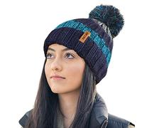 RockJock R80 Thermal Insulating Striped Beanie Bobble Hat with Cosy Fleece Lining-Teal/Grey
