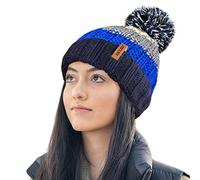 RockJock R80 Unisex Mens Ladies Thermal Insulating Striped Beanie Bobble Hat with Cosy Fleece Lining-Blue/Cream