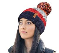 RockJock R80 Thermal Insulating Striped Beanie Bobble Hat with Cosy Fleece Lining-RED/Orange