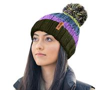 RockJock R80 Unisex Mens Ladies Thermal Insulating Striped Beanie Bobble Hat with Cosy Fleece Lining-Purple/Green