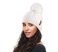 RockJock R80 Warm Chunky Cable Knit Pom Pom Hat with Thermal Insulating Teddy Fleece Liner-Cream
