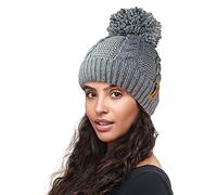 RockJock R80 Warm Chunky Cable Knit Pom Pom Hat with Thermal Insulating Teddy Fleece Liner-Grey