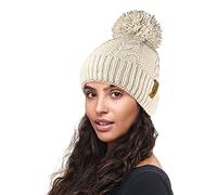 RockJock R80 Warm Chunky Cable Knit Pom Pom Hat with Thermal Insulating Teddy Fleece Liner-Natural