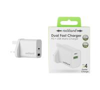 Rockland Dual Mains Charger 20W PD plus 18W USB, Fast Charging Wall Adapter for iPhone Android Tablets, Universal Power Delivery Charger, Compact Travel