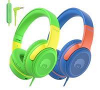 Rockpapa 2Pcs Kids Headphones Wired with Mic & Share Port, 85/94dB Limited | Foldable, Adjustable, 3.5mm Jack, Childrens Over Ear Headphone for School/Travel/Phone/MP3 Green Yellow+Blue Orange